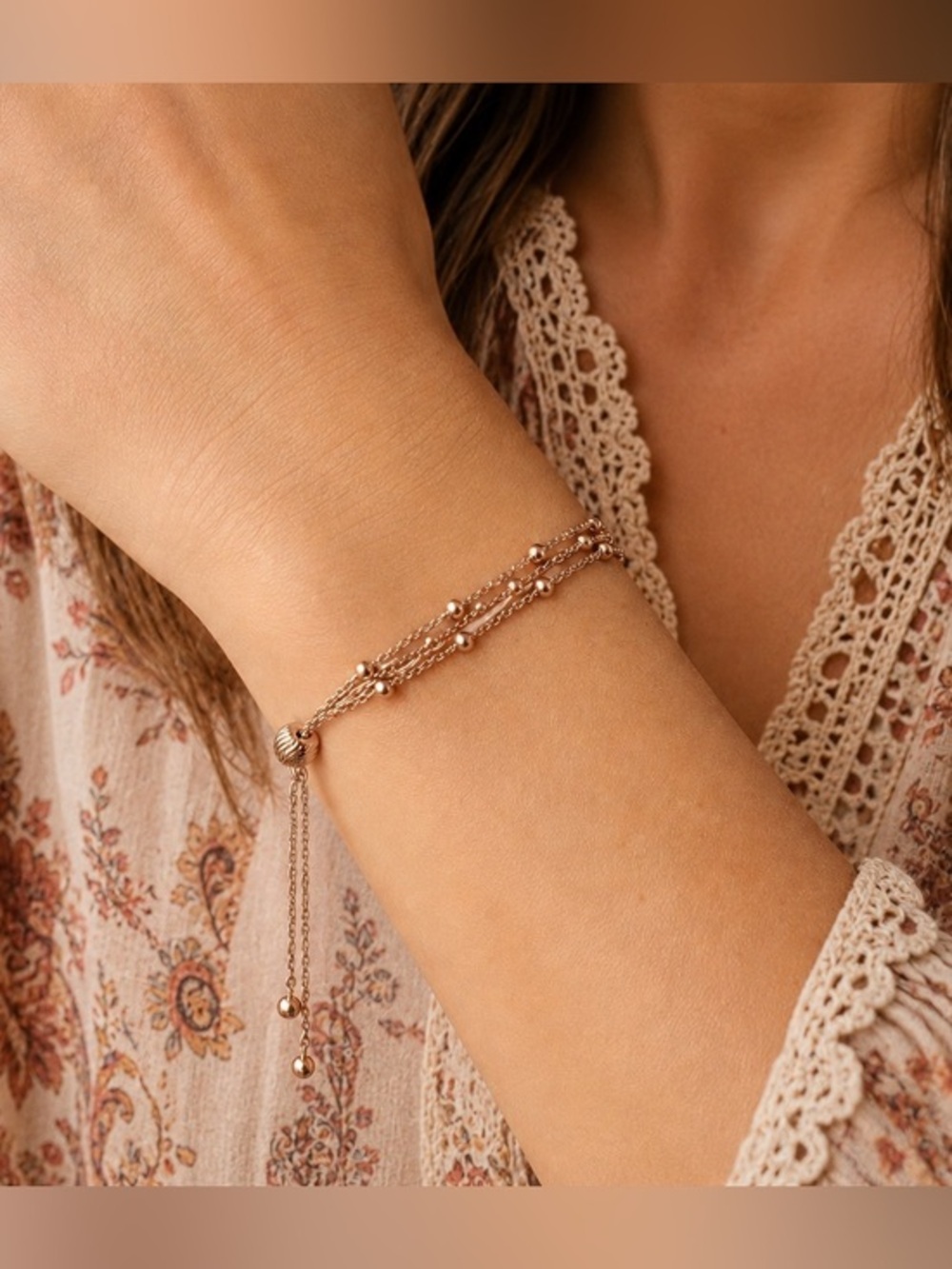 925 Italian TRENDY Rose Gold Multi Strand Etched Slide Ball Bracelet NEW FIRM